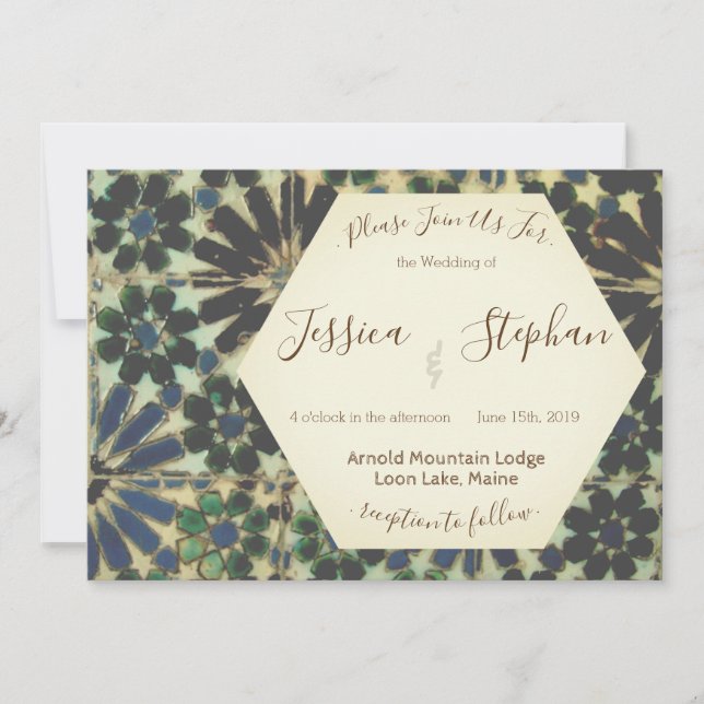 Geometric Blue Tiles Wedding Invitation (Front)