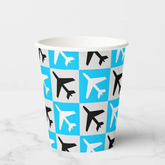 Geometric Blue White Aviation Jets Aeroplane Paper Cups (Front)
