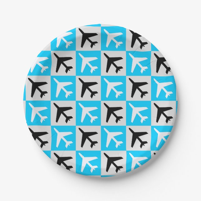 Geometric Blue White Aviation Jets Aeroplane Paper Plate (Front)