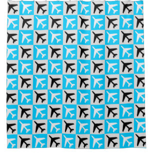 Geometric Blue White Aviation Jets Aeroplane Shower Curtain
