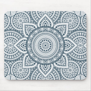 Geometric blue white floral mandala mouse mat
