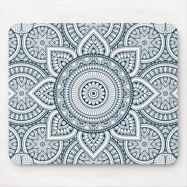 Geometric blue white floral mandala mouse mat (Front)