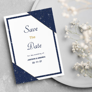 Geometric blue white gold glitter Save The Date Invitation