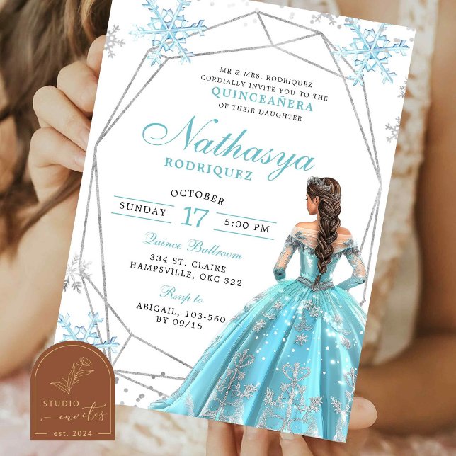 Geometric Blue Winter Snowflake Quinceanera Invitation (Creator Uploaded)