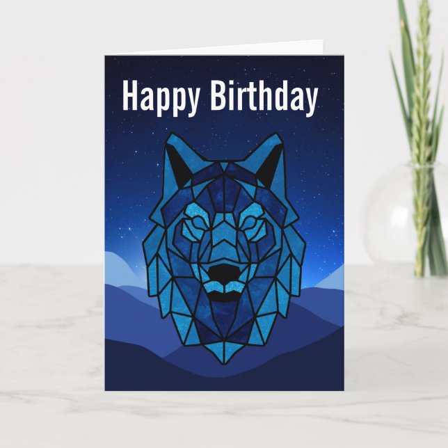 Geometric Blue Wolf Birthday Card (Front)