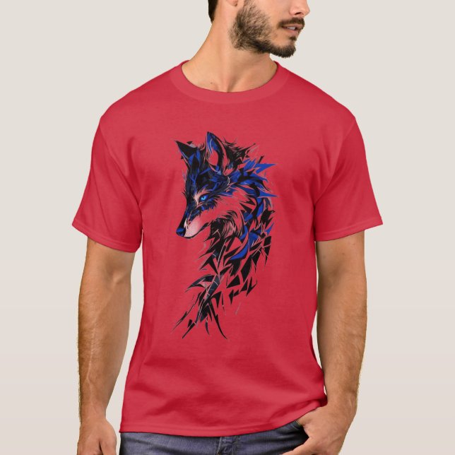 Geometric Blue Wolf T-Shirt – Crimson Edge Edition (Front)