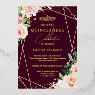 Geometric Blush Burgundy Floral Photo Quinceanera