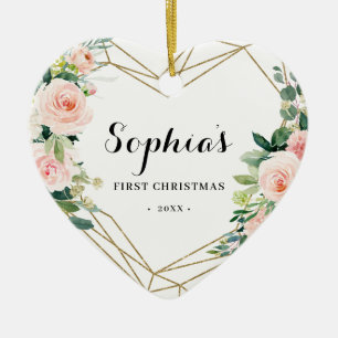 Geometric Blush Floral Baby's First Christmas Ceramic Tree Decoration