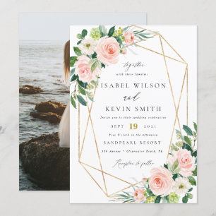 Geometric Blush floral frame wedding Invitation