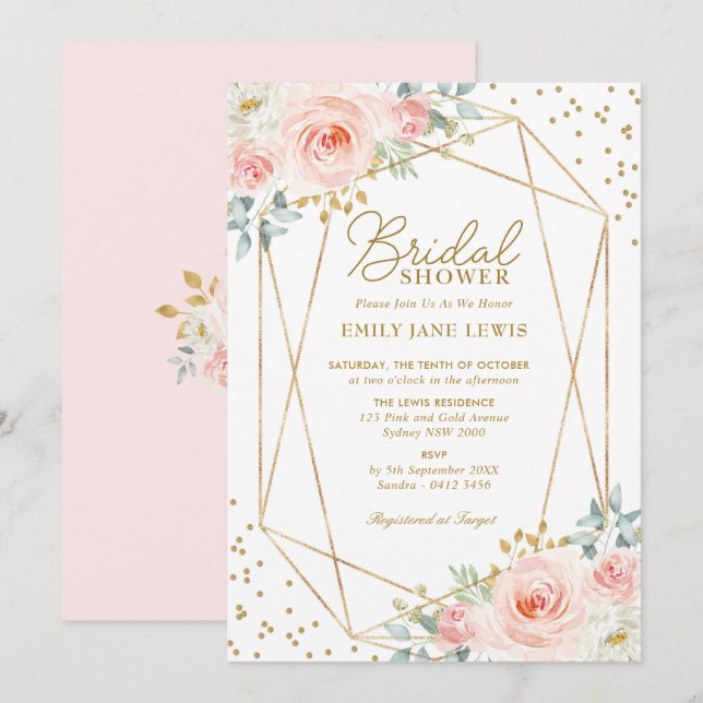 Geometric Blush Gold Confetti Floral Bridal Shower Invitation (Front/Back)