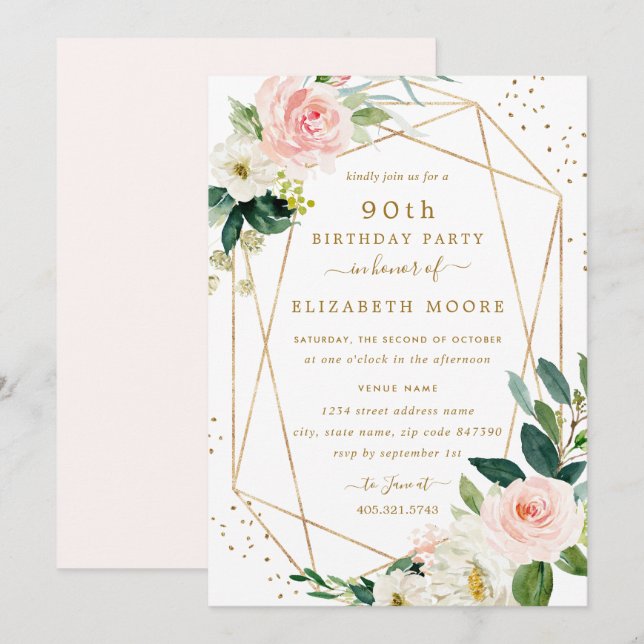 Geometric Blush Gold Floral 90th Birthday Invite (Front/Back)