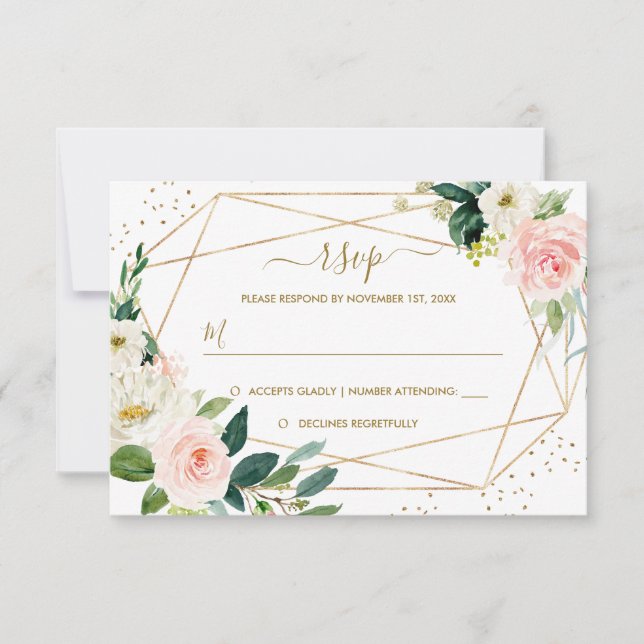 Geometric Blush Gold Floral Gold Wedding RSVP (Front)