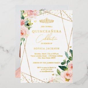 Geometric Blush Gold Floral Photo Quinceanera  