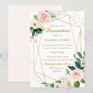 Geometric Blush Gold Floral Quinceanera Invitation