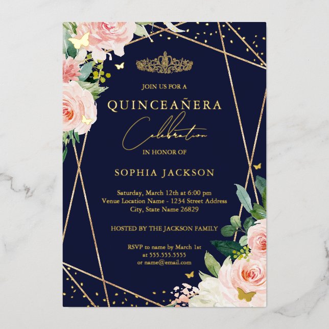 Geometric Blush Navy Floral Photo Quinceanera  (Front)
