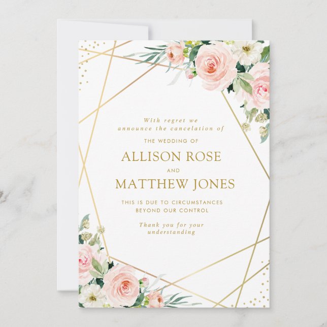 geometric blush pink floral cancelled wedding card (Front)