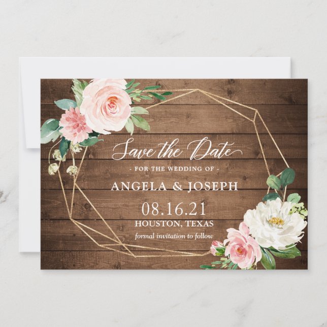 Geometric Blush Pink Floral Rustic Wood Wedding Save The Date (Front)