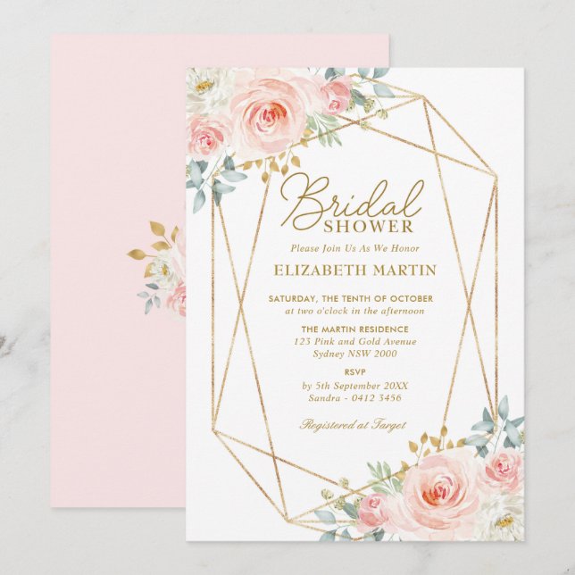 Geometric Blush Pink Gold Floral Bridal Shower Invitation (Front/Back)