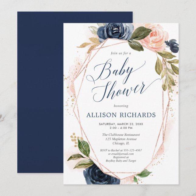 Geometric blush pink rose gold navy baby shower invitation (Front/Back)