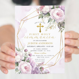 Geometric Blush Pink Roses First Holy Communion  Invitation