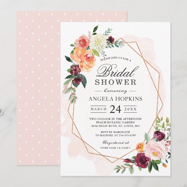 Geometric Blush Watercolor Floral Bridal Shower Invitation (Front/Back)