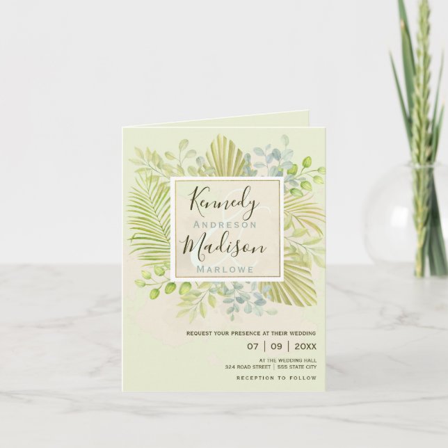 Geometric Boho Floral Palm Wedding Invite  (Front)