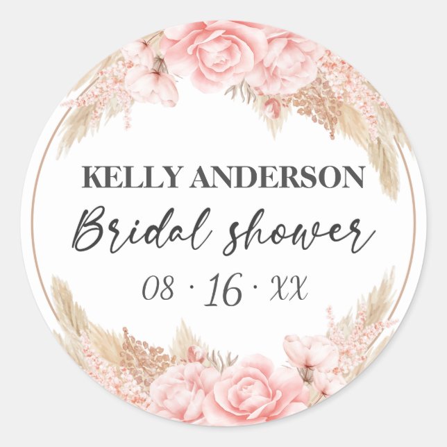 Geometric Boho Pampas Rose Gold Bridal Shower  Classic Round Sticker (Front)