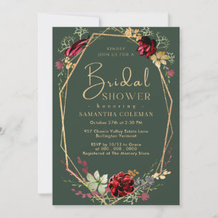 Geometric Boho Wildflower Dark Green Bridal Shower Invitation