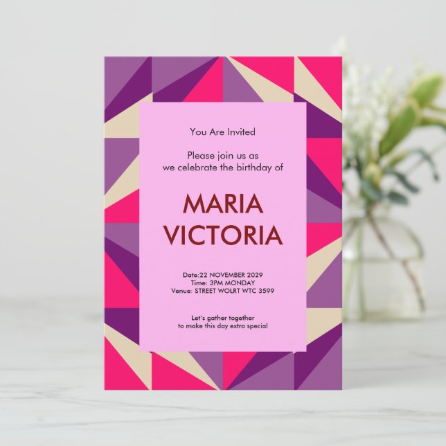 Geometric Bold Pink & Purple Pattern Invitation (Standing Front)