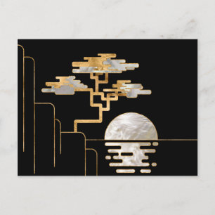Geometric Bonsai and Moon -Pearl and gold Postcard