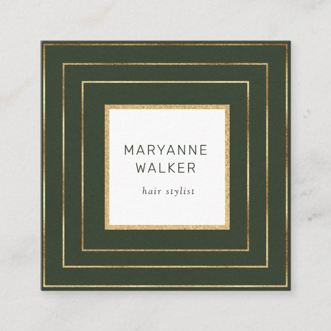 geometric border green salon hairstylist elegant square business card (Front)
