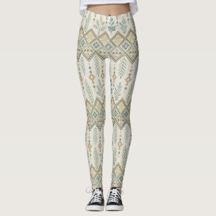 Geometric Botanical Folk Art Seamless Pattern Leggings