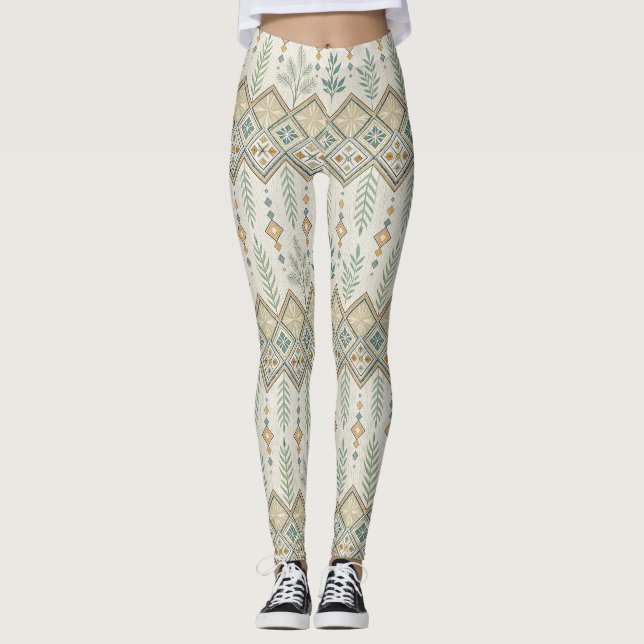 Geometric Botanical Folk Art Seamless Pattern Leggings (Front)