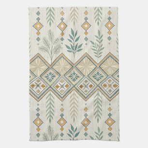 Geometric Botanical Folk Art Seamless Pattern Tea Towel