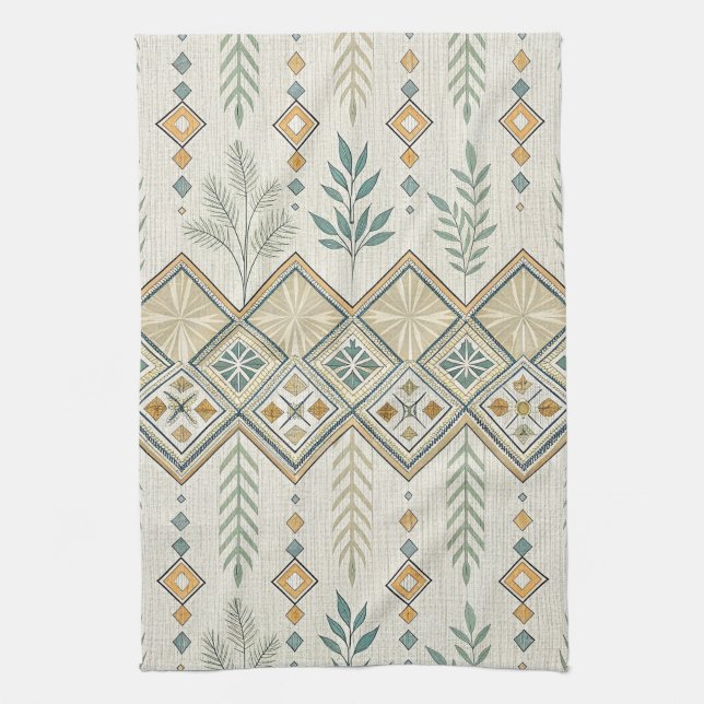 Geometric Botanical Folk Art Seamless Pattern Tea Towel (Vertical)