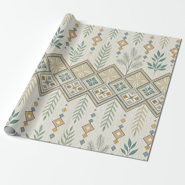 Geometric Botanical Folk Art Seamless Pattern Wrapping Paper (Unrolled)