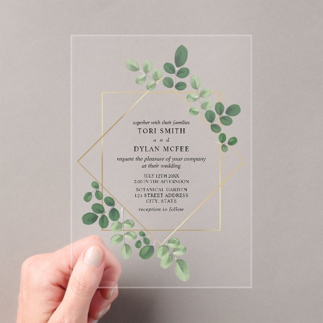 Geometric Botanical Greenery Wedding Acrylic Invitations (Insitu (Handheld))