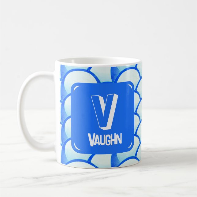Geometric Bright Blue Monogram Name Initial Coffee Mug (Left)
