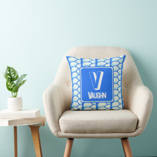 Geometric Bright Blue Monogram Name Initial Cushion