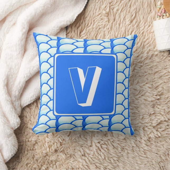 Geometric Bright Blue Monogram Name Initial Cushion (Blanket)