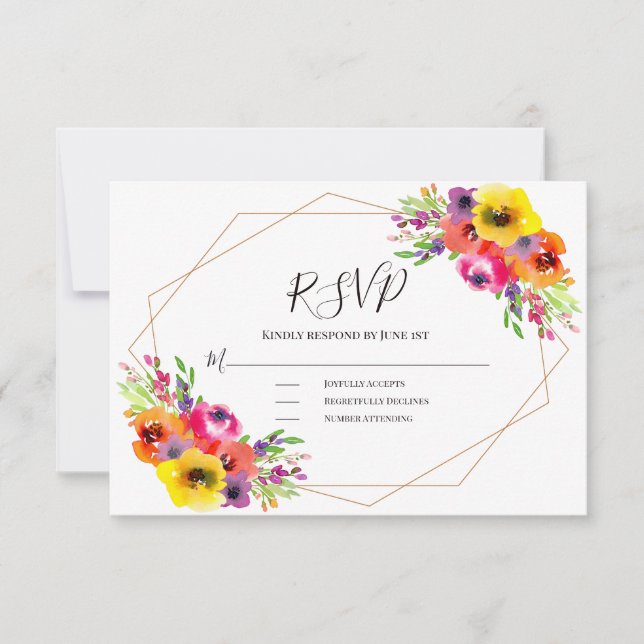 Geometric Bright Elegant Watercolor Floral Wedding RSVP Card (Front)