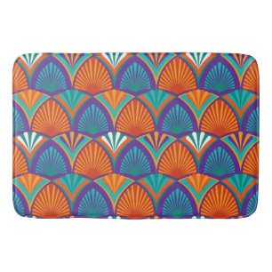 Geometric bright pattern with palm leaves, flowers bath mat