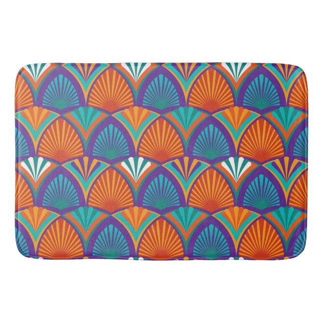 Geometric bright pattern with palm leaves, flowers bath mat (Front)