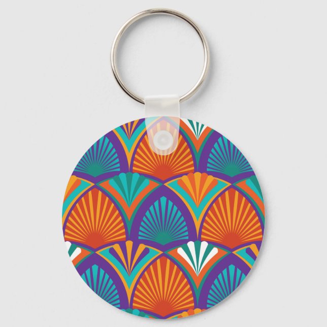 Geometric bright pattern with palm leaves, flowers key ring (Front)