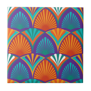 Geometric bright pattern with palm leaves, flowers tile