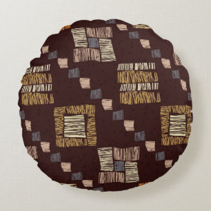 Geometric Brown Ethnic Tribal Background Round Cushion