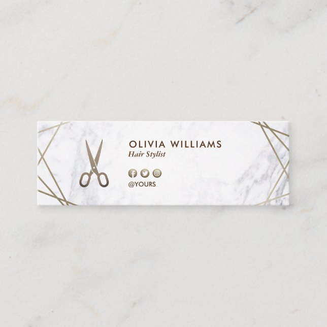 Geometric Brown Gold Scissors Marble Hair Stylist Mini Business Card (Front)