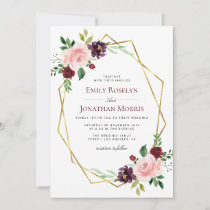 geometric burgundy and blush floral wedding invitation
