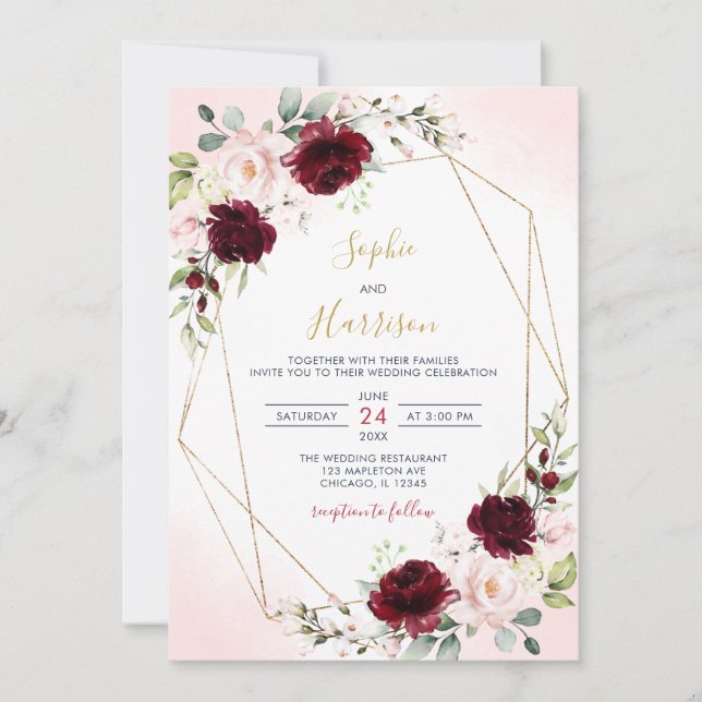 Geometric Burgundy and Blush Floral Wedding Invitation (Front)