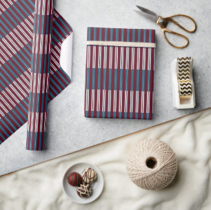 Geometric Burgundy and Dusty Blue Stripe Pattern Wrapping Paper
